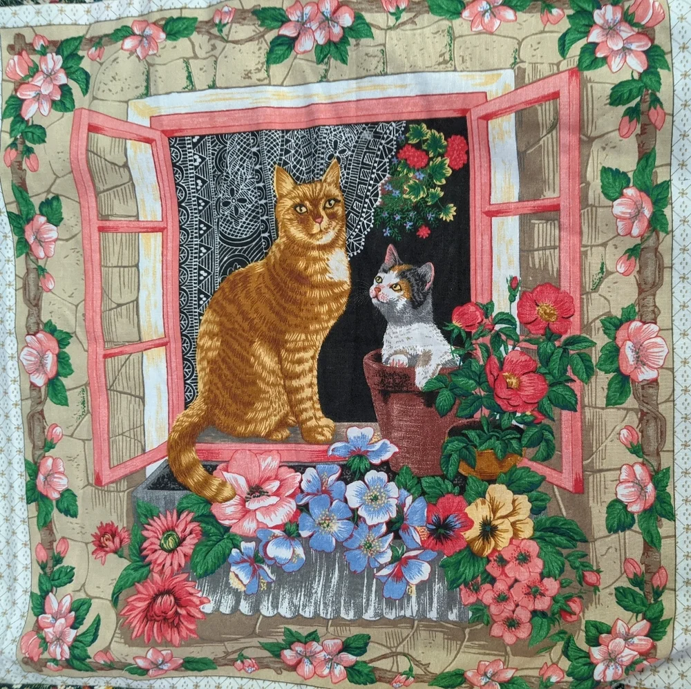 Vintage Cat Panels Quilt top, pieced, ready for quilting, lap size 43